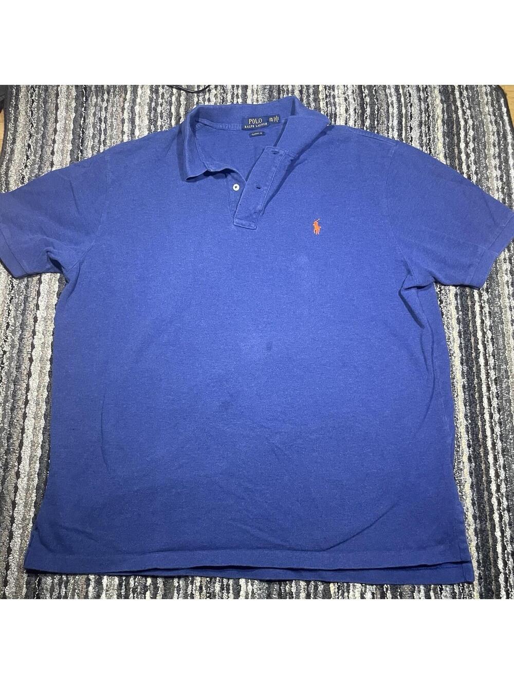 Polo Ralph Lauren Polo Shirt Mens XXL Blue Short Sleeve Orange Pony Logo *READ*
